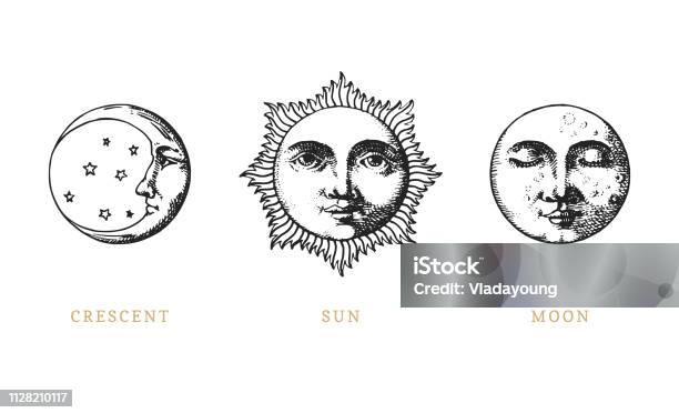 Set Di Sole Luna E Mezzaluna Disegnato A Mano In Stile Incisione Illustrazioni Retrò Grafiche Vettoriali - Immagini vettoriali stock e altre immagini di Sole