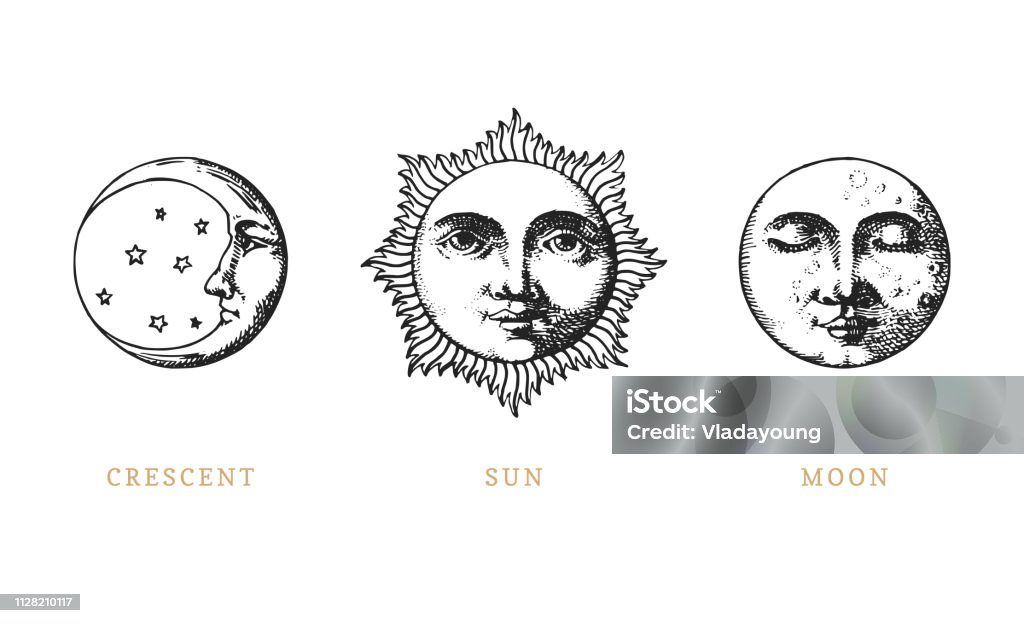 集太陽、月亮和新月, 手繪在雕刻風格。向量圖形復古插圖。 - 免版稅月亮圖庫向量圖形