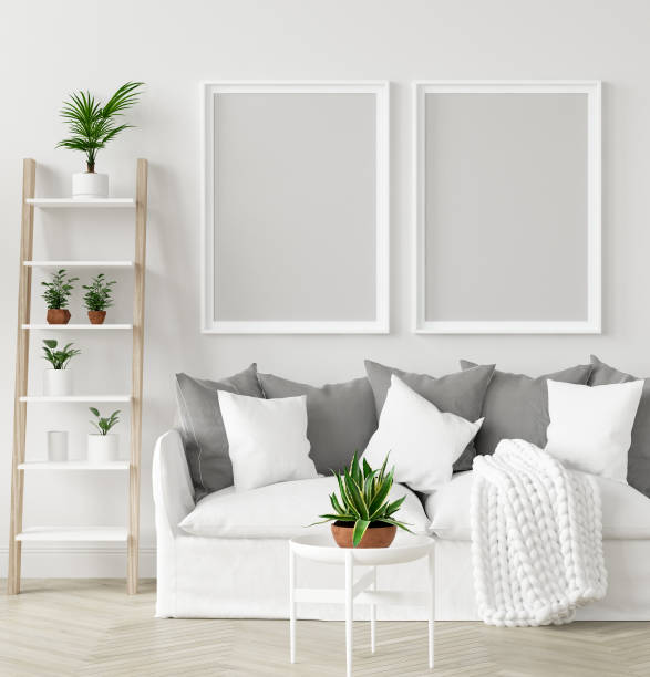 Mock-up frame in interior background,Scandi-boho style, 3d render Mock-up frame in interior background,Scandi-boho style boho photos stock pictures, royalty-free photos & images