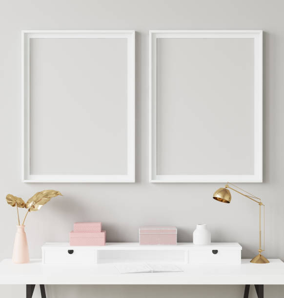 istock Mock up poster frame in interior background with decor on shelf 1128210725