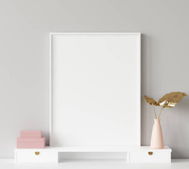 istock Mock up poster frame in interior background with decor on shelf 1128210726