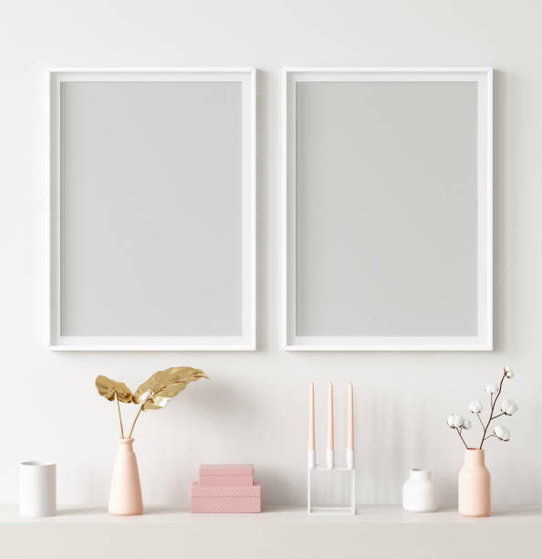 istock Mock up poster frame in interior background with decor on shelf 1128210728