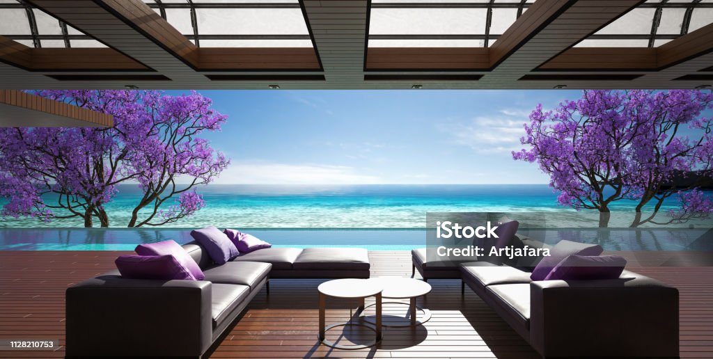 Ocean villa, luxury house with pool and sea view Ocean villa, luxury house with pool and sea view, 3d render Luxury Stock Photo