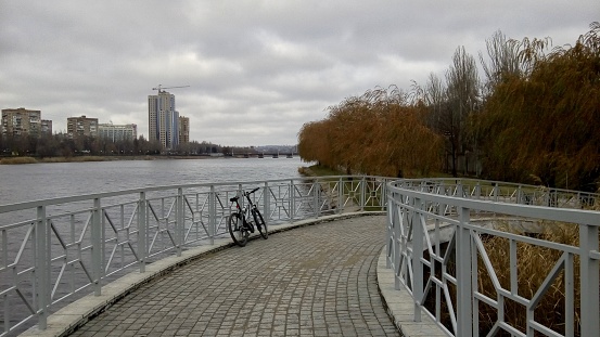 Bicycle on the bridge. The city of Donetsk