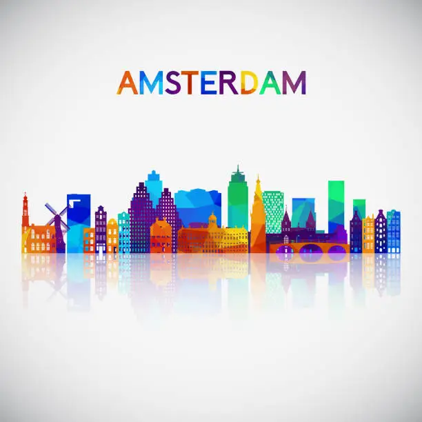 Vector illustration of Amsterdam skyline silhouette in colorful geometric style. Symbol for your design. Vector illustration.