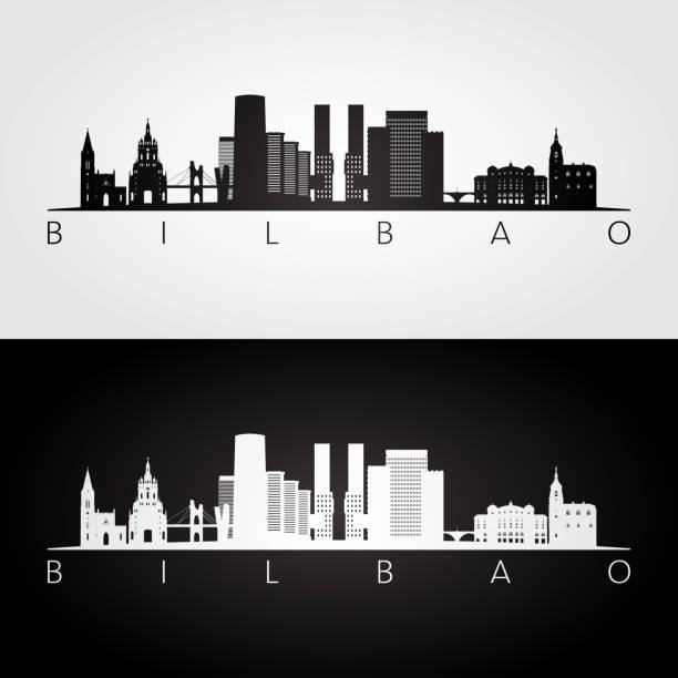 Bilbao skyline and landmarks silhouette, black and white design, vector illustration. Bilbao skyline and landmarks silhouette, black and white design, vector illustration. modern church logos stock illustrations
