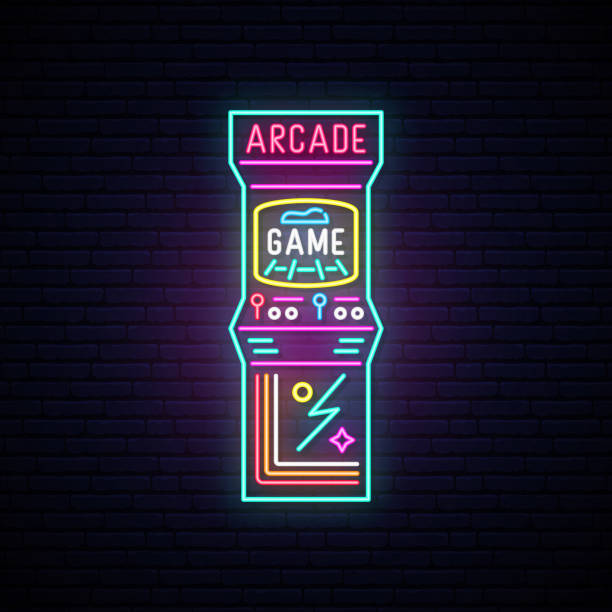 istock Arcade game machine neon sign. Entertainment emblem. Advertising design. Night light signboard. Vector illustration. 1128214161