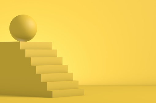 Minimal idea concept sphere on staircase with yellow background, minimal flat design.