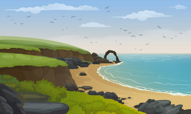 ilustraciones, imágenes clip art, dibujos animados e iconos de stock de fondo de vector de paisaje de costa de mar. playa de arena con rocas y acantilados. - coastline