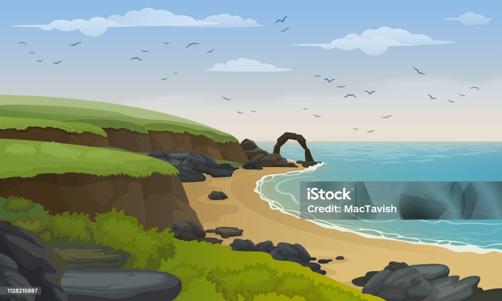 Sea coast landscape vector background. Sandy beach with rocks and cliffs. Scotland's coastline. Beach stock vector