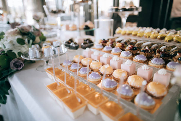 istock Delicious wedding desserts on the table, catering service 1128216136