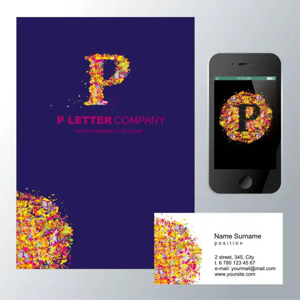 Vector illustration of P letter is a brand name pattern. Bright, colorful abstract corporate style. Circle from multicolored drops of paint. Circle kaleidoscope. Holi festival. Mosaic decorative style.