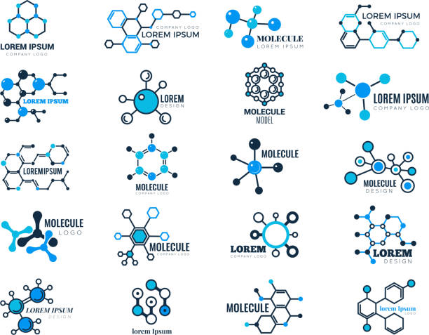 분자 logotypes입니다. 진화 개념 수식 화학 유전 기술 의료 정보 노드 셀 벡터 일러스트 - 분자 stock illustrations