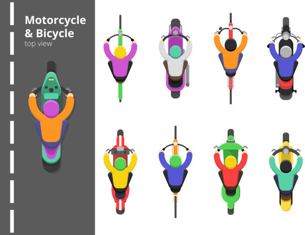 illustrations, cliparts, dessins animés et icônes de dessus de vélo de bicyclettes. garniture de pavillon voir moto rapide conduite jeunes conducteurs masculins vector plate photos - motorcycle biker sport city