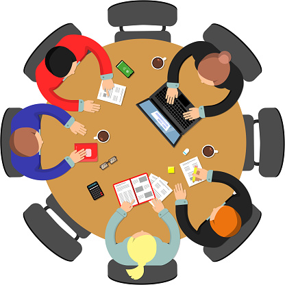 Office meeting top view. Conference group teamwork discussion at roundtable business vector concept. Illustration of office discussion group