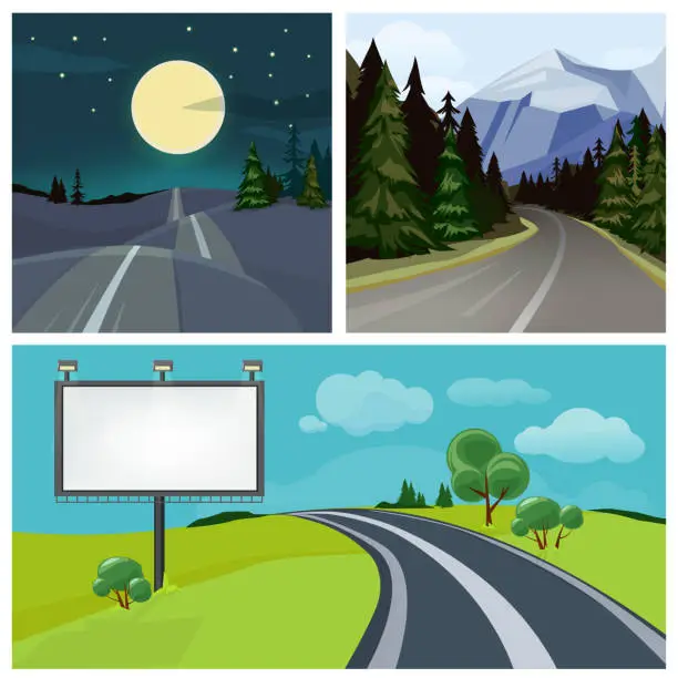 Vector illustration of Road to city. Highway and different types of urban road over hills vector weather landscape
