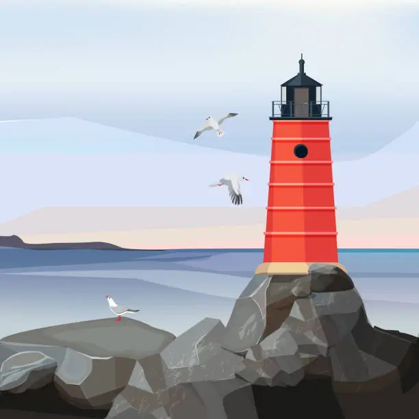 Vector illustration of Sea landscape lighthouse. Ocean or sea water with night navigation safety building on rocks vector cartoon background