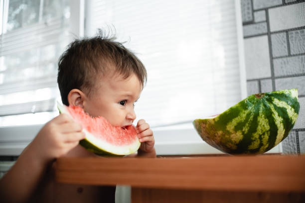 istock Cute little boy eating watermelon in the kitchen 1128218993