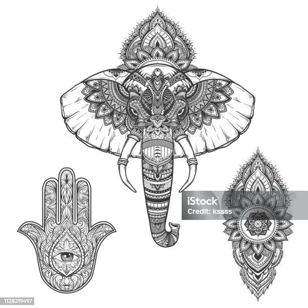 Ornate Inked Decorative Elephant Portrait Mehndi And Hamsa Set Tribal Spiritual Animal Tattoo Hand Drawn Vector Illustration Stock Illustration - Download Image Now