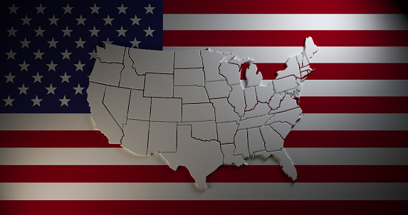Extruded map of United States of America with states borders on national flag background. Creative 3d render