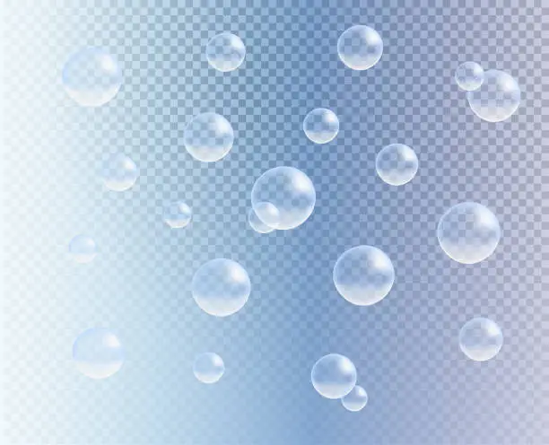 Vector illustration of Vector transparent colorful soap bubbles set. 3d realistic bubbles on blue transparent background. Soap water bubbles, shampoo, water, oxygen, drop, underwater air, rain, effervescent drink,  air, gas etc