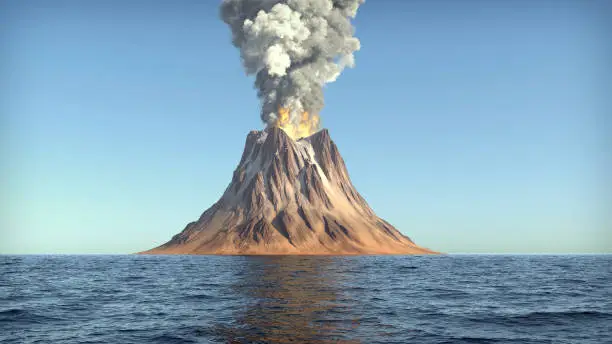 volcano eruption on an island in the ocean