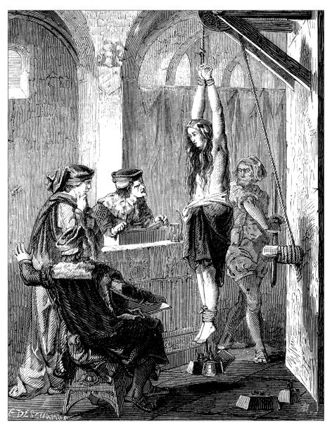 античная иллюстрация научных открытий, анестезия: пытки ведьм - пытать stock illustrations