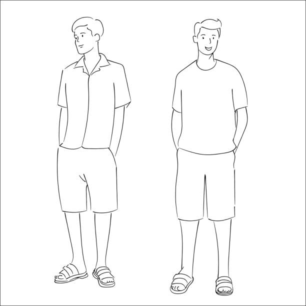 ilustrações, clipart, desenhos animados e ícones de homens de pé para o estilo de moda de verão, mão desenhada vectior ilustração - fashionable the human body short hair human head