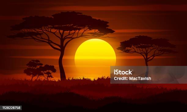 Savannelandschaftvektorillustration Stock Vektor Art und mehr Bilder von Sonnenuntergang - Sonnenuntergang, Landschaft, Ebene