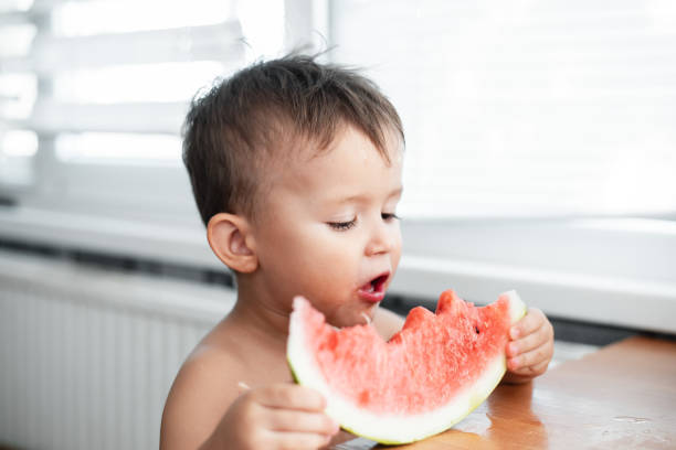 istock Cute little boy eating watermelon in the kitchen 1128229532