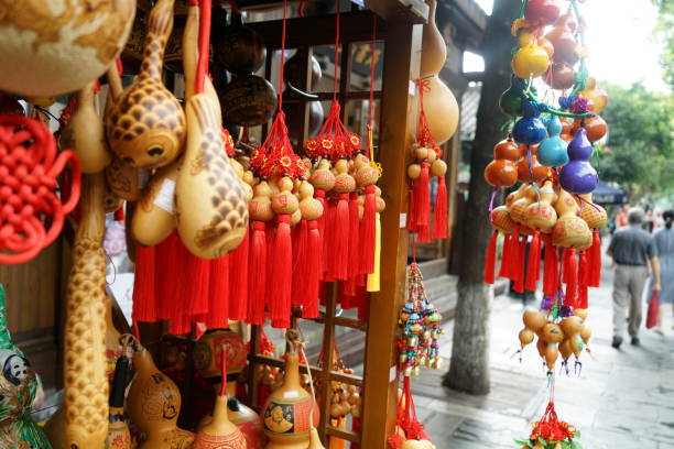 istock Rows of red and blue traditional Chinese souvenirs 1128231288