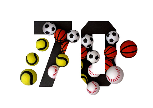 70 number seventy, graphic black digit and creative typography with colourful balls on white background, basketball, football, baseball, tennis.