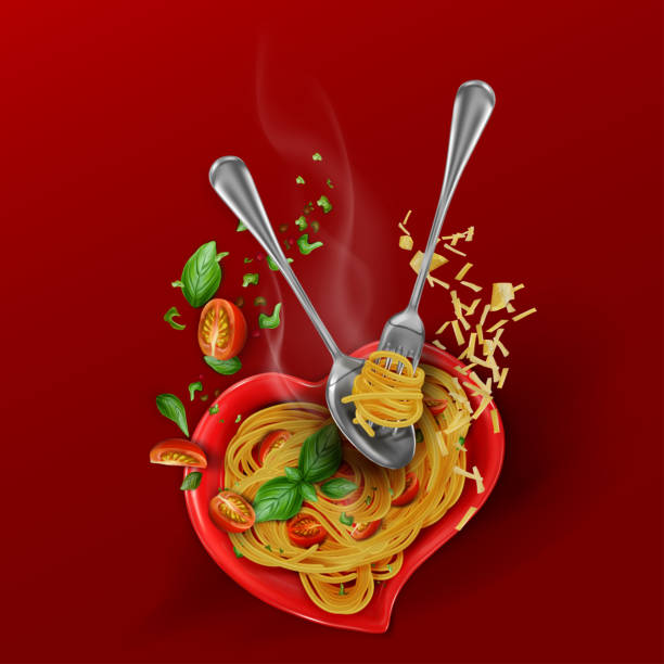 przepis na gotowanie makaronu. gorące spaghetti z pomidorkami koktajlowymi, bazylią, parmezanem. piękna latająca kompozycja na płycie w kształcie serca. ilustracja wektorowa 3d na czerwonym tle. - spoon vegetable fork plate stock illustrations