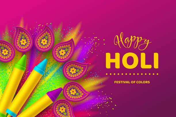 Happy Holi colorful design for Festival of Colors. Happy Holi colorful background for celebration hindu Festival of Colors. 3d realistic holi pichkari with color splash and rangoli. Vector illustration. holi stock illustrations