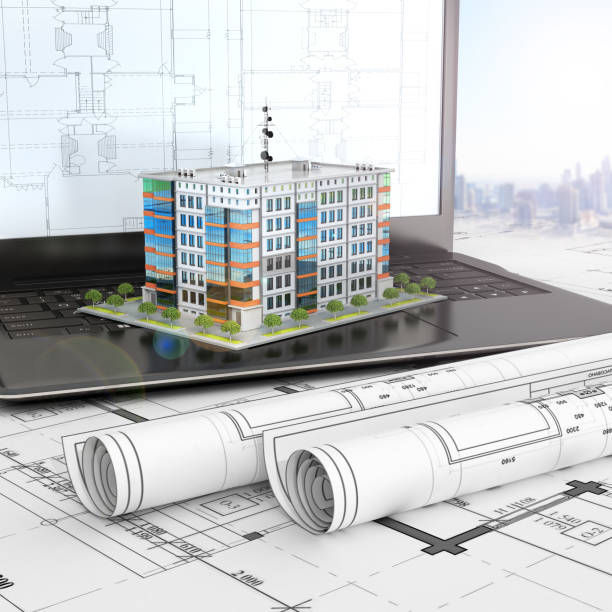 istock layout of a residential house on an open laptop with drawing projects. 3d illustration 1128232755