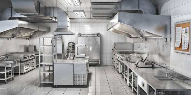 cocina industrial. cocina de restaurante. ilustración 3d - acero inoxidable fotografías e imágenes de stock