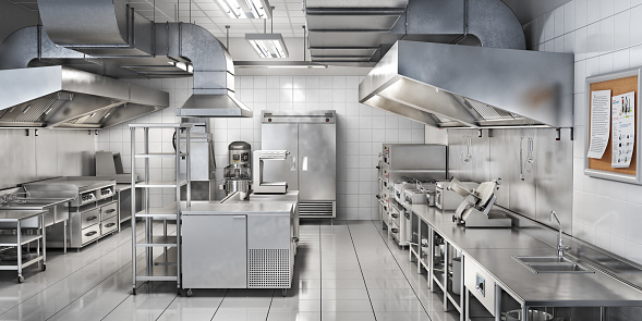 istock Industrial kitchen. Restaurant kitchen. 3d illustration 1128232946