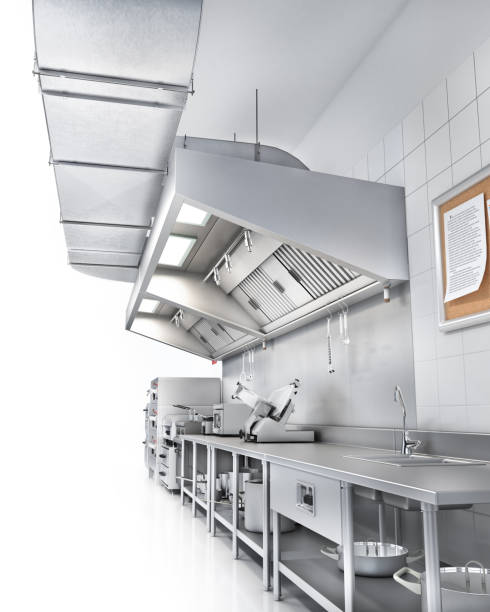istock Industrial kitchen. Restaurant kitchen on a white backgrount. 3d illustration 1128232950