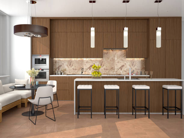 istock modern brown kitchen interior with island and dining area. 3d illustration 1128233149