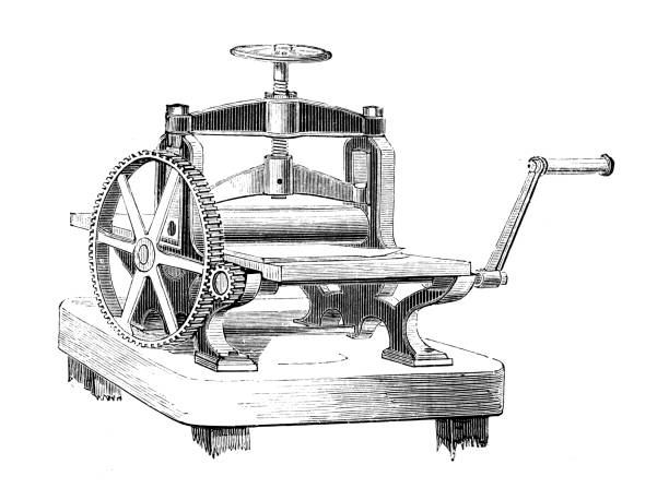 ilustrações de stock, clip art, desenhos animados e ícones de antique illustration of scientific discoveries, photography: photographic equipment printing press - camera engraving old retro revival