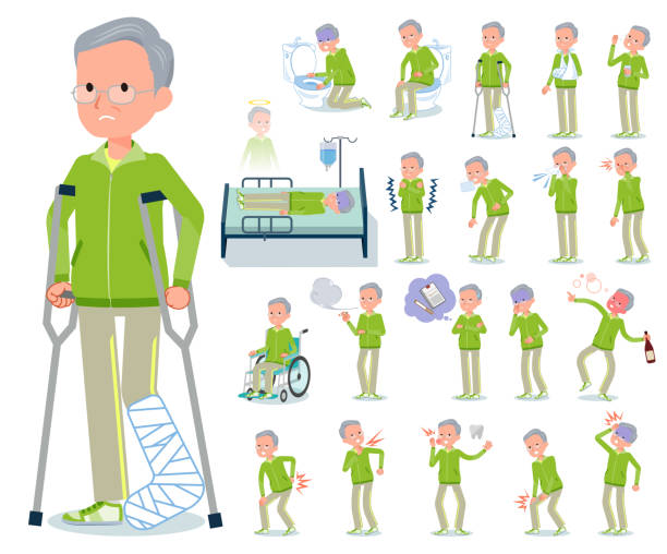 illustrazioni stock, clip art, cartoni animati e icone di tendenza di tipo piatto nonno verde sportswear_sickness - backache pain physical injury sport