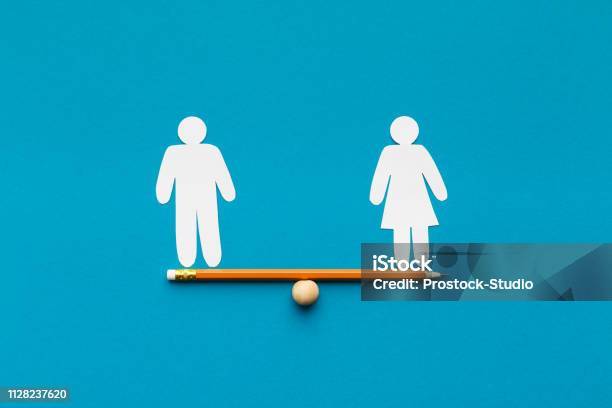 Drawn Scales With Words Man And Woman Stock Photo - Download Image Now - Women, Equality, Men