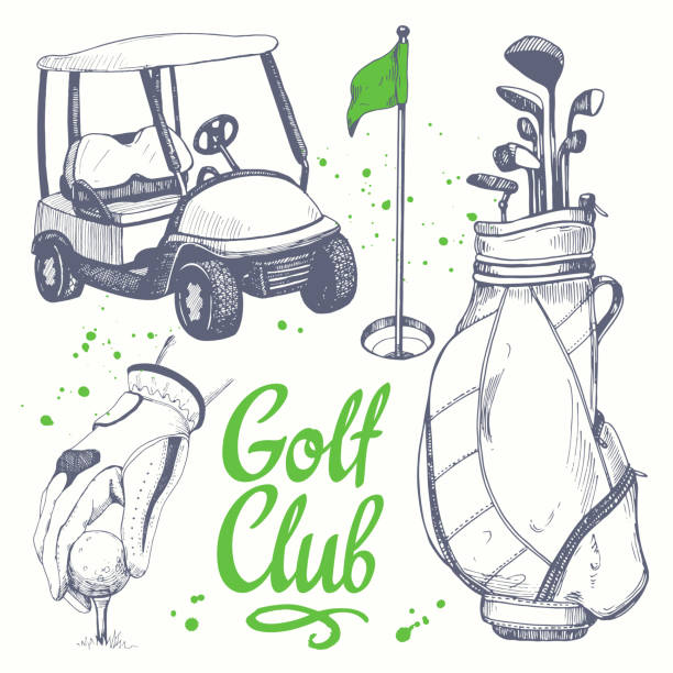 Golf set with shoes, car, putter, ball, gloves, flag, bag. Vector set of hand-drawn sports equipment. Illustration in sketch style on white background. Handwritten ink lettering. Golf set with shoes, car, putter, ball, gloves, flag, bag. Vector set of hand-drawn sports equipment. Illustration in sketch style on white background. Handwritten ink lettering. golf glove stock illustrations
