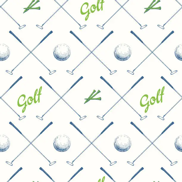 Vector illustration of Seamless golf pattern with putter. Vector set of hand-drawn sports equipment. Illustration in sketch style on white background.