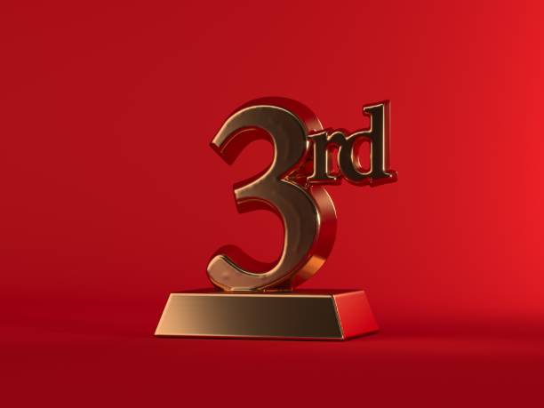 Gold third place, 3rd on red background Gold third place, 3rd on red background laureate stock pictures, royalty-free photos & images