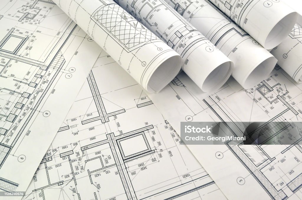 Project drawings Photo drawings for the project engineering work Blueprint Stock Photo