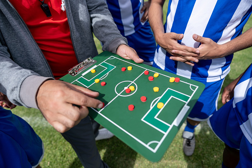 Close-up on a coach showing football players the line up on the field using a board - sports concepts