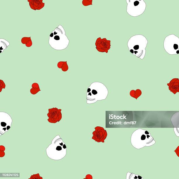 Seamless Pattern Human Skull Red Broken Hearts Roses On Mint Vector Eps 10 Stock Illustration - Download Image Now