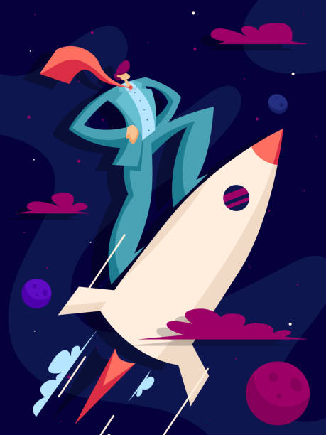 istock Businessman flies on a rocket up to success 1128242919