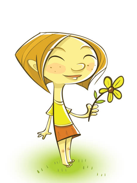 Happy girl with flower vector art illustration